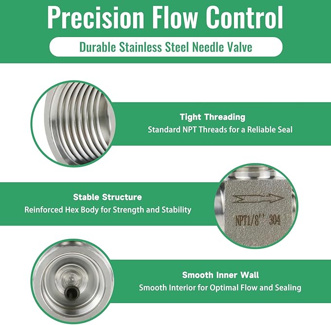 Angry Pony Stainless Steel 304 NPT FNPT 1/8 female Straight Needle Valve, High Pressure Hydraulic Flow Control Valve for Water Oil Gas Systems, 900 PSI