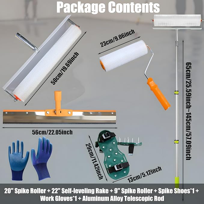 Self Leveling Cement Tool Kit,Epoxy Floor Kit,Self-Leveling Rake,Spike Shoes for Epoxy Flooring,Spike Roller for Self-Leveling,Floor Leveling Tools, 23.62~55.12 inch Telescopic Pole