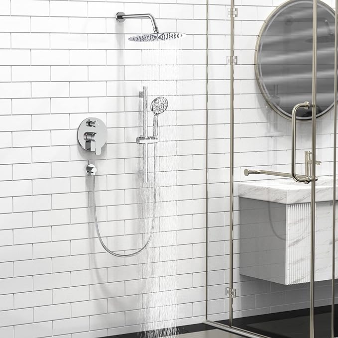 SR SUN RISE 12 Inch Shower System, Slide Bar Shower Faucets Sets Complete Round Shower Heads and 6-Spray Handheld Combo, Wall Mounted Dual Shower Set Included Valve and Trim Kit, Polished Chrome