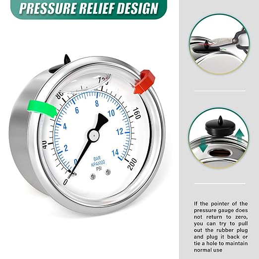 0-200psi Stainless Steel Glycerin Liquid Filled Pressure Gauge 1/4" NPT 2.5" Face Dial Center Back Mount, for Water, Oil and Air Pressure Testing (with Range Mark Pointer)