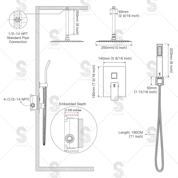 SR SUN RISE SRSH-C1003 Ceiling Mount Bathroom Luxury Rain Mixer Shower Combo Set Rainfall Shower Head System 10 Inch Polished Chrome (Contain Shower Faucet Rough-In Valve Body and Trim）