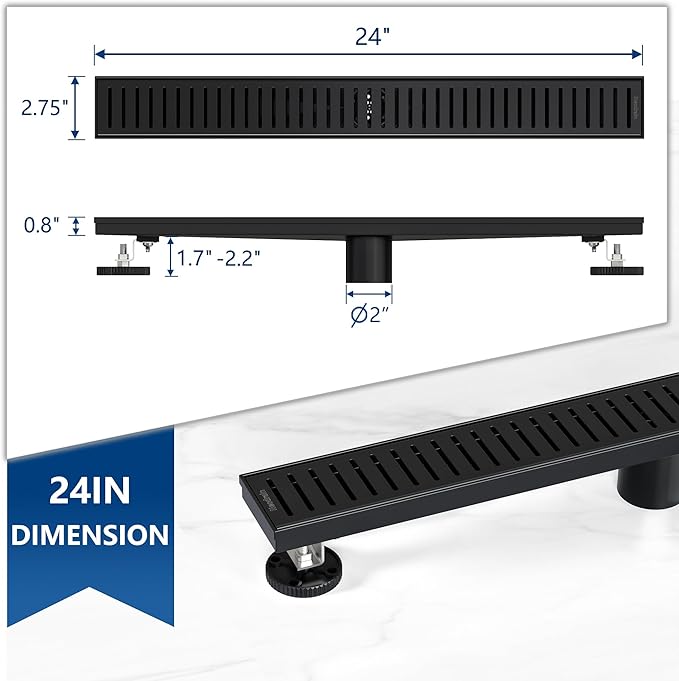 Neodrain 24" Matte Black Bathroom Linear Shower Drain with Removable Capsule Pattern Grate, 304 Stainless Steel Shower Floor Linear Drain- CUPC Certified with Hair Strainer