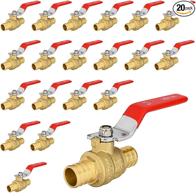 20 Pack Ball Valves, 3/4" Pex Crimp Shut Off Valve Red, Brass Full Port Pex B Shut Off Ball Valve for Hot and Cold Water, NSF/ANSI 61 Certified