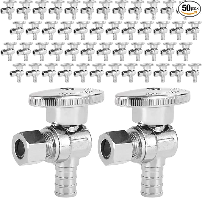 50-Pack EFIELD Shut off Valve 1/4 Turn Angle Stop Valve 3/8" OD Compression X 1/2" Pex, Chrome Plated Brass,(VALVE076-50PCS)