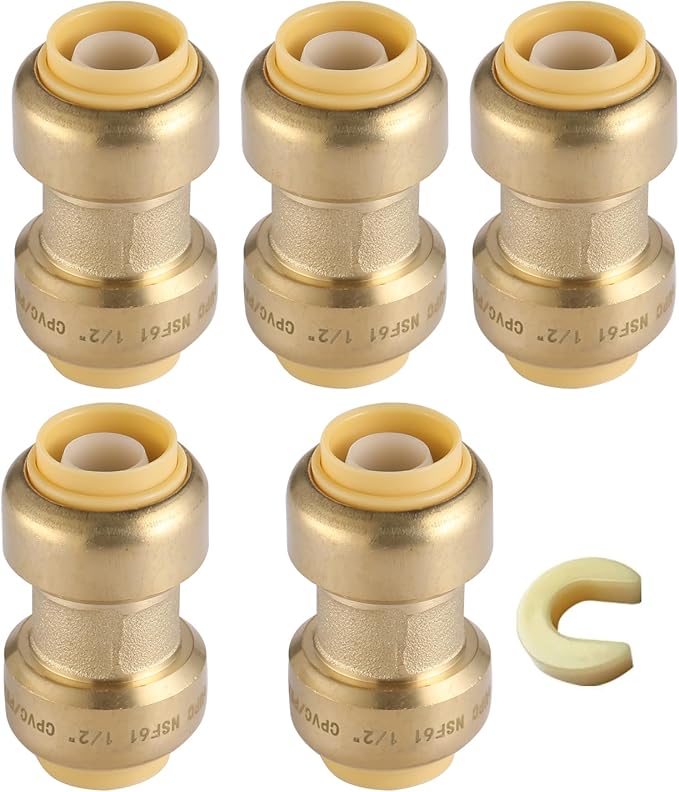 5 Pack 1/2 Inch Pushfit Straight Coupling, PEX Brass Push-fit Coupling with Disconnect Clip, Push-to-Connect Plumbing Fittings for PEX, Copper, CPVC(PF003-5Pack)