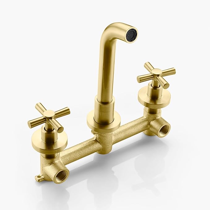 Brushed Brass Wall Mount Bathroom Faucet Two Cross Handles and Rough-in Valve Included,SUMERAIN