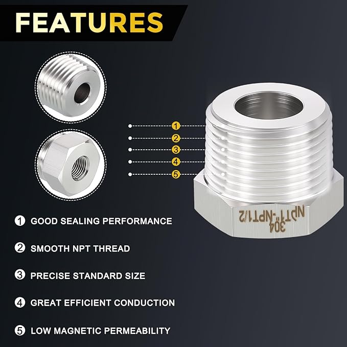 METALLIXITY 3PCS 1" Male NPT x 1/2" FeMale NPT Thread 304 Stainless Steel Hex Bushing Extension Tube Adapters Convert for Water Tub Spout/Shower