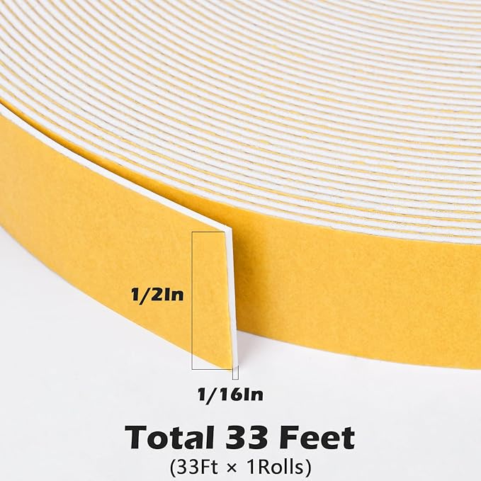 ToLanbbt White Door Window Weather Stripping Self Adhesive Foam Tape High Density Foam Sealing Strip Window Insulation Weatherproof Gasket Tape for Doors and Windows (1/2" W X 1/16" T X 33')
