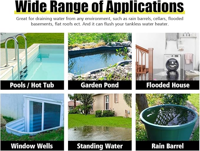 Submersible Sump Pump with 25FT x 1-1/2” Discharge Hose Kit 1/2HP Portable Pump 2500GPH Easy to Use for Draining From Swiming Pool Flooded Basement Standing Water Hot Tub