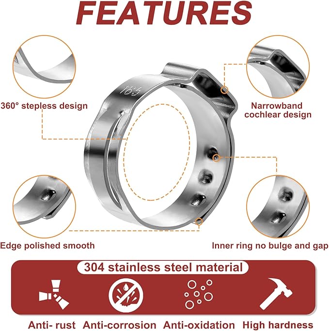 600PCS 22 Sizes Single Ear Hose Clamps, 5.3-33.1mm Crimp Hose Clamps 304 Stainless Steel, Ear Clamp Perfect for Automotive, Home Appliance Line, Pipe Hoses and Industry Use By Hydencamm
