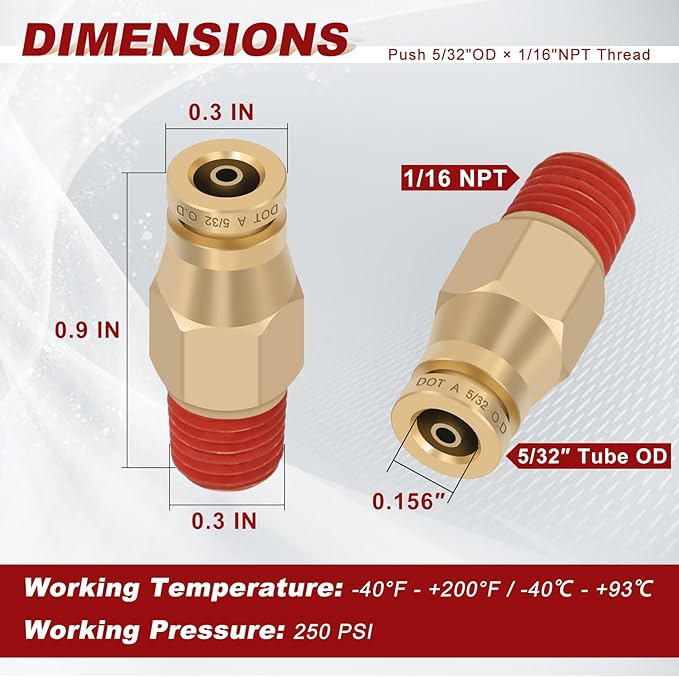 5/32" Quick Push to Connect Fittings Brass Union Straight Joint DOT Approved 5/32" Tube OD x 1/16" NPT Thread Air Line Adapter Air Suspension Kit for Truck Trailers and Air Brake System 4pcs
