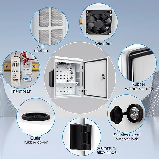 Outdoor Electrical Box with Thermostat and Fan, Cold-Rolled Steel Plate, Aluminum Alloy Back Beam, One-Piece Ventilation Design, IP65 Waterproof, Wall/Pole Mounted. (19.6" x 15.7" x 7.9")