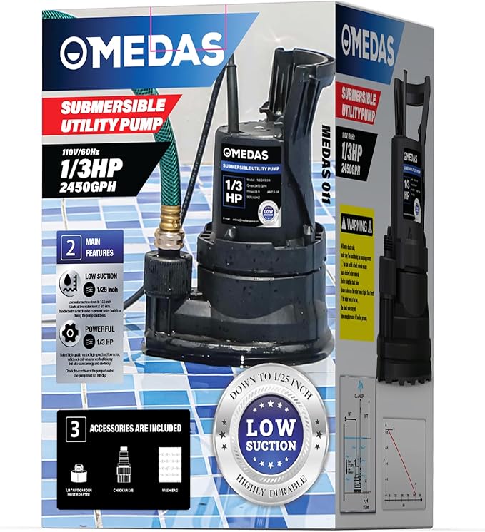 MEDAS Portable Sump Pump for Swimming Pool, Garden Pond, Basement Water Removal with 10ft Power Cord 1/3HP