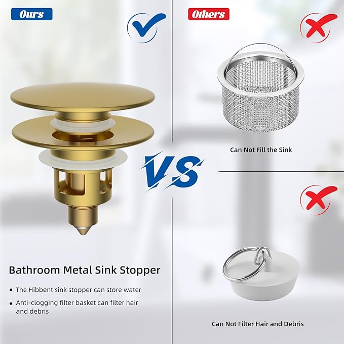 Hibbent All Metal 2 in 1 Bathroom Sink Stopper, Universal Pop Up Drain Strainer, Brass Bullet Core Push Type Sink Stopper for 1.1''~2.3'' Basin, Big Push Button, Anti Clogging Filter, Brushed Gold