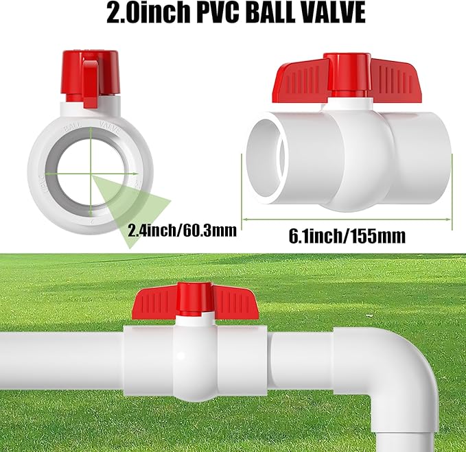 2PCS 2" PVC Ball Valve, SCH40 Slip PVC Water Pipe Valve with Easy Turn Red T-Handle, Shut-Off PVC Ball Valve Socket for Swimming Pool, Sprinkler Lines, Outdoor Plumbing & Irrigation System