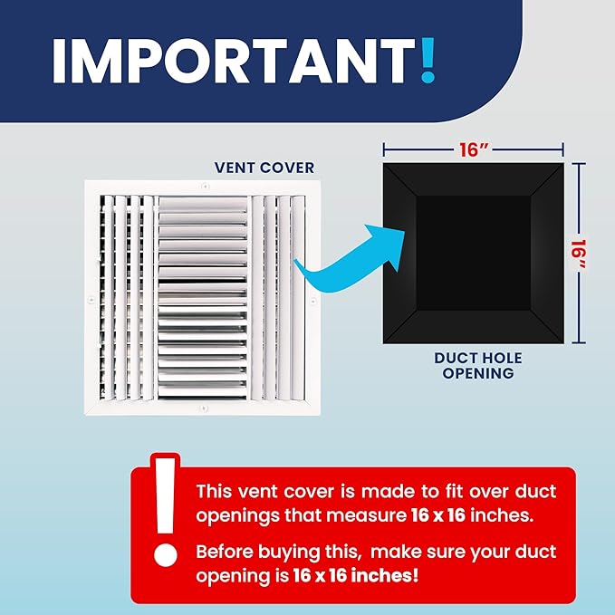 16x16 Inch (Duct Opening) Aluminum 4-Way Air Flow Vent – HVAC Vent Cover for Wall or Ceiling – Quiet HVAC Wall Register with Multi-Shutter Damper – Adjustable Curved Blade - Plastic Seal for Tight Fit