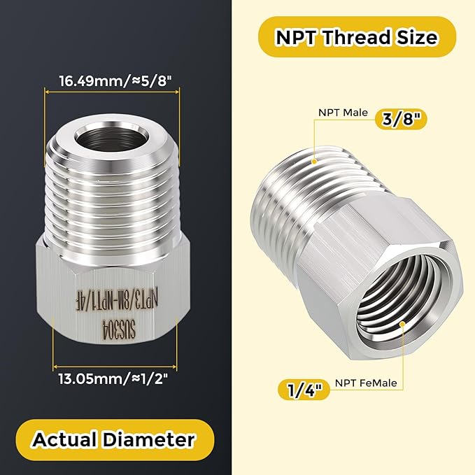 METALLIXITY 5PCS 3/8" Male NPT x 1/4" FeMale NPT Thread 304 Stainless Steel Hex Bushing Extension Tube Adapters Convert for Water Tub Spout/Shower