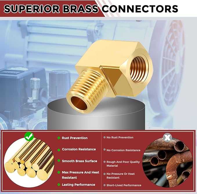 Packs of 2, 90 Degree 1/4" FeMale NPT to 1/4" Male NPT Solid Brass Barstock Street Elbow, Forged Pipe Fitting for Pipe Leak Repair, Bathroom Remodeling, Tool Extension, Compression