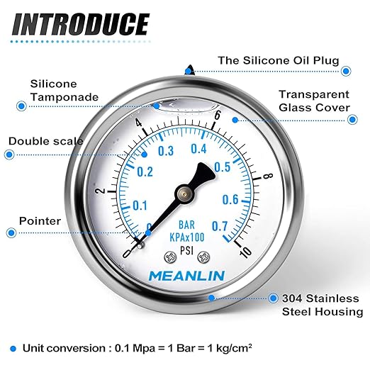 MEANLIN MEASURE 0~10Psi Stainless Steel 1/4" NPT 2.5" FACE DIAL Liquid Filled Pressure Gauge WOG Water Oil Air Center Back Mount, with 1/2" NPT and 3/8" NPT Hex Bushing