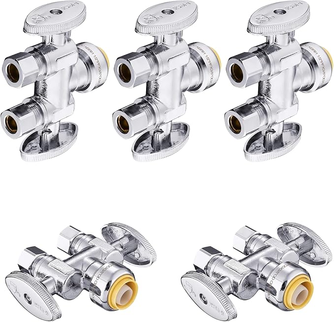 5-Pack Foskan Dual Outlet Push Fit Straight Stop Valve,1/4 Turn Straight Shut off Valve,1/2" Push Fit x 3/8" OD x 3/8" OD,Chrome Plated Brass