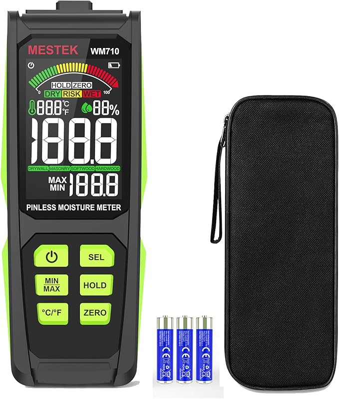 MESTEK Pinless Wood Moisture Meter - Digital Moisture Detector for Lumber Drywall Firewood Masonry Woodworking Plaster Floor Concrete Building, Moisture Reader and Tester with LCD Display & Audible