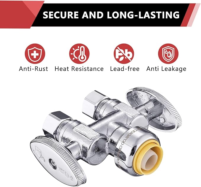 (Pack of 50) EFIELD Push Fit 1/2" x Dual 3/8" OD Compression Straight Stop Valve, 1/4 Turn with a Disconnect Clip Tool,(PF-VALVE039-50PCS)