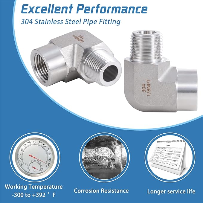 Stainless Steel Pipe Fitting,90 Degree Barstock Street Elbow, 1/8" NPT Male x 1/8" NPT Female (Pack of 2)