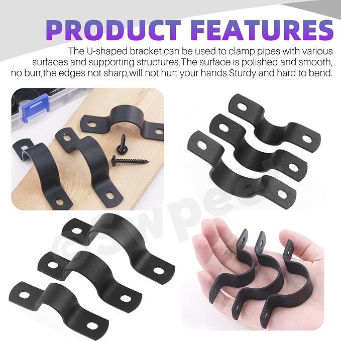 Swpeet 45Pcs 3 Sizes 15mm 20mm 25mm Two Hole U Bracket Clamp with Screws Assortment Kit, U-Clamps, Metal Pipe Clamps, Pipe Strap Clamps, Conduit Tension Clips for Fixing Pipe or Cable