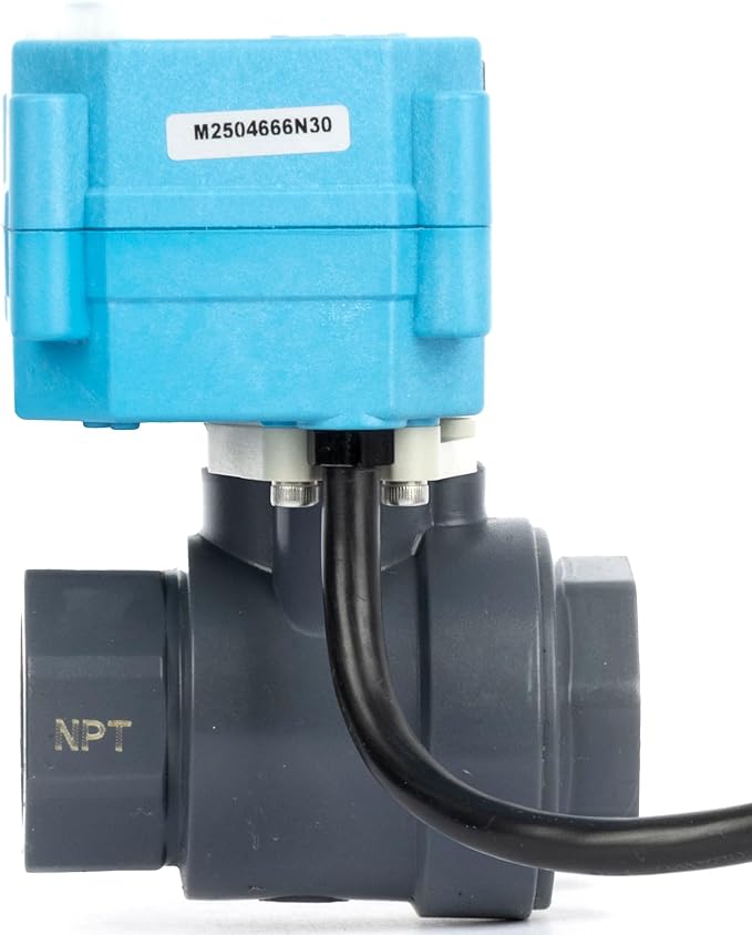 U.S. Solid 3/4” PVC Motorized Ball Valve - Plastic Electrical, US Plug, IP 67, Manual Override, 2 Wire Auto Return, AC 110~230V, Normally Closed