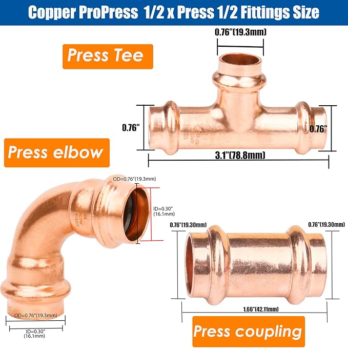 WHK 12 Packs 1/2" Copper Pro Press Fittings Kit,5 PCS Propress Coupling Fittings,4 PCS Press 90 Degree Elbow with 3 PCS Propress Tee use for Connect Copper Pipe