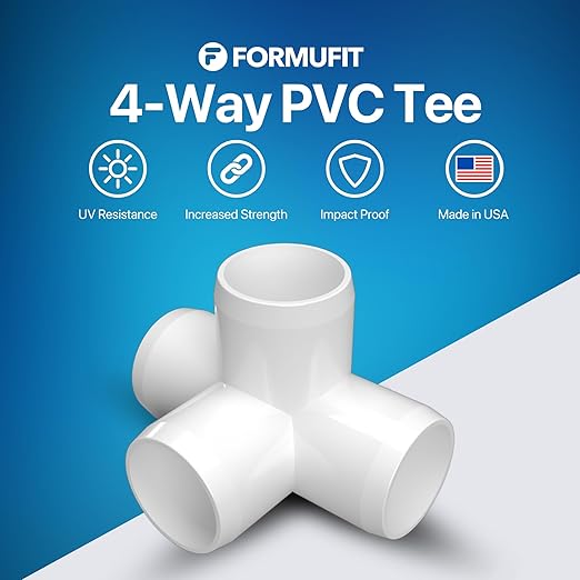 FORMUFIT 3/4" 4-Way Tee Furniture Grade PVC Fitting in White, Made in USA, UV-Resistant, Impact-Proof, 1.050" Actual Socket Diameter, (8-Pack) - F0344WT-WH-8