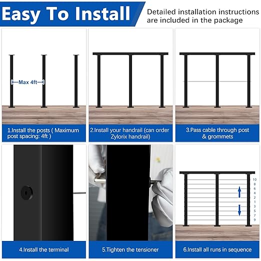 36" Expandable 2-8FT Black T304 Cable Railing Post Kit, Complete Cable Railing System with 2 Level Posts & 98ft 1/8" Wire Rope(No Handrail), Adjustable Length Easy DIY for Decks/Porch