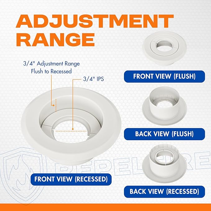 Retrofit Recessed Fire Sprinkler Escutcheon 3/4 in. IPS - Split 3 Piece in White - Depth Adjustment Range up to 3/4 in. for Fire Sprinkler Trim