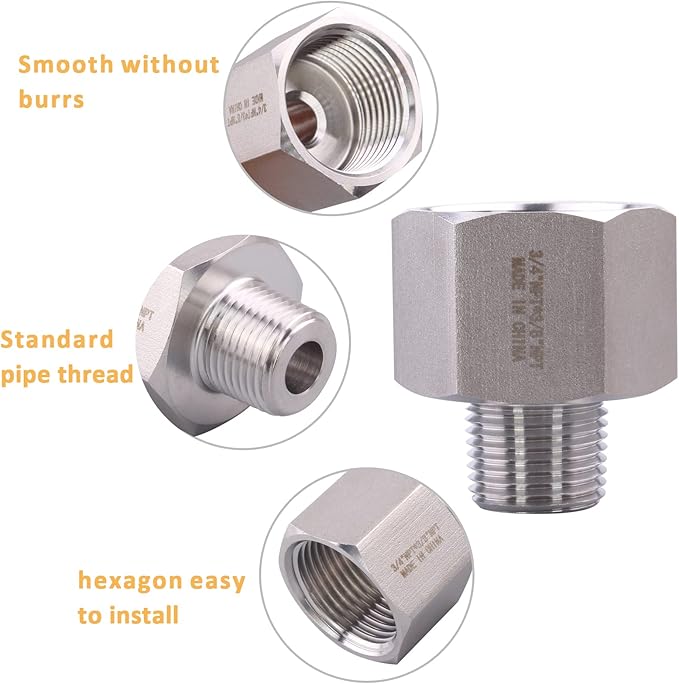 Forged Reducer Adapter Fitting - Stainless Steel 304 Reducing Pipe Connector, 3/4" NPT Female x 3/8" NPT Male (pack of 5)