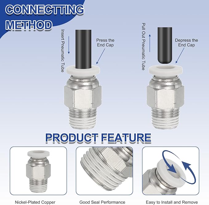 MECCANIXITY 2 Pcs NPT Push to Connect Air Fittings, Male Straight 5/16" Tube OD x 1/2" NPT Thread Air Quick Connector Coupling Adapter for Gas Hose Pneumatic Tools, White