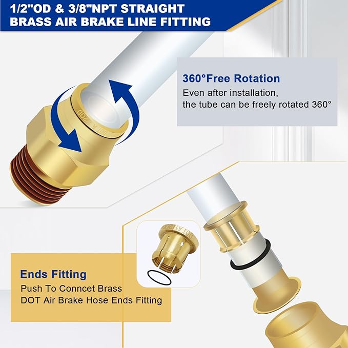 1/2" Brass Push to Connect DOT Air Brake Fittings, 3PCS Air Line Quick Connect Fittings 1/2" Tube OD x 3/8" NPT Connector Tube to Male Pipe for Truck Trailers Air Brake System