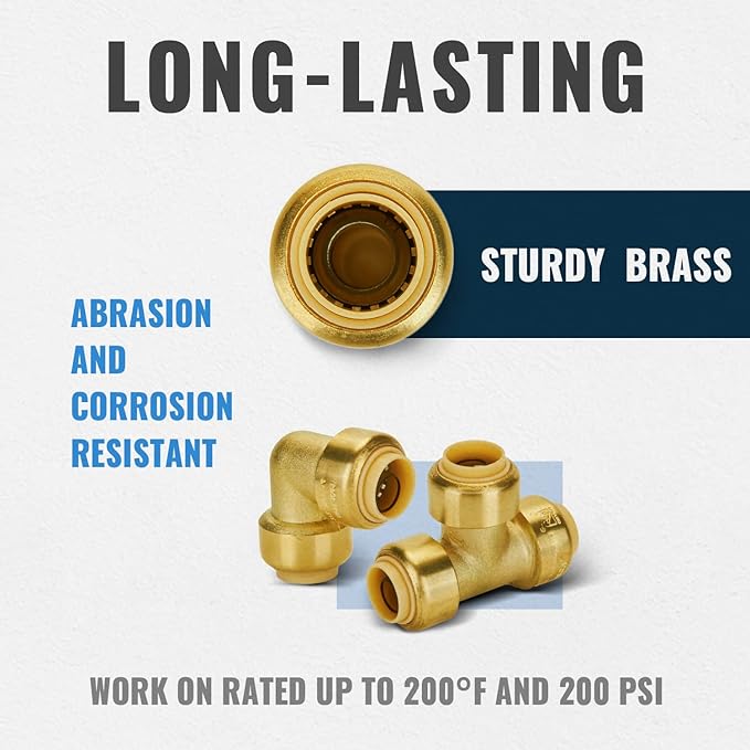 SUNGATOR Push Fittings 1/2 inch, 90 Degree Elbow (5 PCS), Tee (3 PCS), No Lead Brass Push-to-Connect Plumbing Fittings for Pex Pipe, Copper, CPVC, with 1 Disconnect Clip, Pack of 8