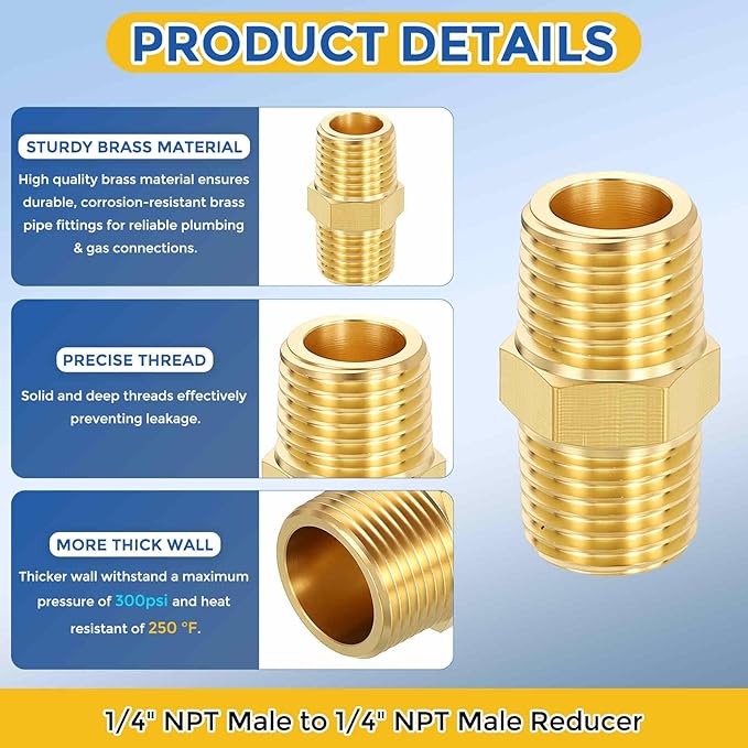 5 Pack Brass Pipe Fittings, 1/4" NPT Male to 1/4" NPT Male Brass Hex Nipple, Male Pipe Adapter Reducer for Air, Oil, LP
