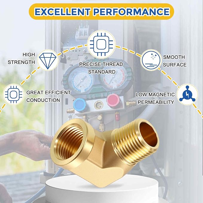 2 Pack Brass Pipe Fittings, 90 Degree 3/8" FeMale NPT to 3/8" Male NPT Barstock Street Elbow with Sealing Tape, Forged Pipe Fitting Connector for Air, Oil, LP, Fuel