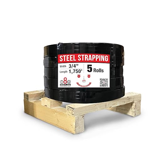 8NET Steel Strapping Band, 2,050' Length x 3/4'' Width x 0.020'' Thickness (1,750 lbs Break Strength), Cut Resistant Pallet Banding, Heavy Duty Metal Strap (5 Rolls)
