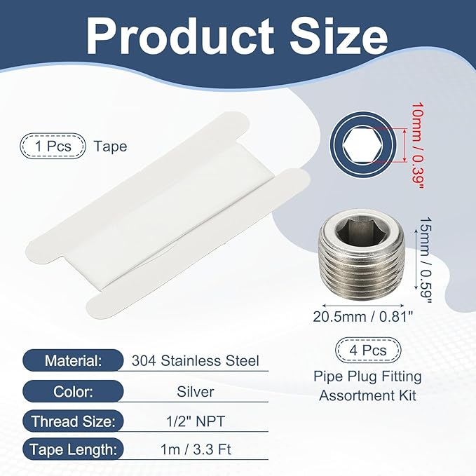 PATIKIL 1/2" NPT Male Internal Hex Pipe Fitting, 6 Pcs 304 Stainless Steel Pipe Plug Fitting Assortment Kit Countersunk Thread Head Socket Pipe Plug Fitting Adapter with Tape, Silver