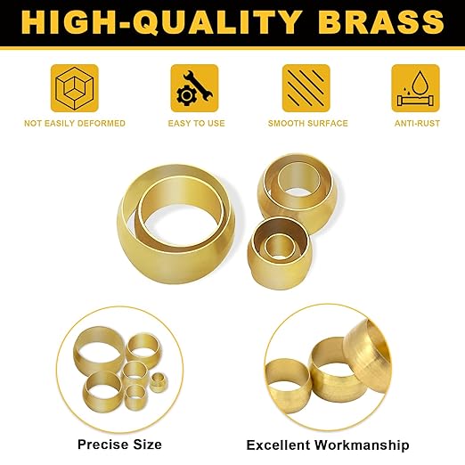 Siptenk 228PCS Brass Compression Sleeves Ferrules for Tube OD 1/2" 3/8" 5/16" 1/4" 3/16" 1/8", 6 Sizes Hose Compression Fitting Brass Ferrule Kit for DOT Air Brake Lines