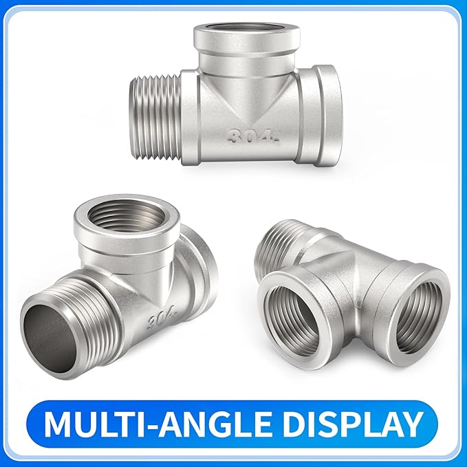 ChillWaves 304 Stainless Steel Pipe Fitting, Male Run Tee 3/4" NPT Female x 3/4" NPT Female x 3/4" NPT Male Thread Adapter(2-PACK)