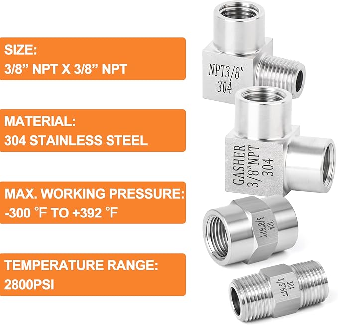GASHER 4pcs Stainless Steel Pipe Fitting 90 Degree Barstock Street Elbow, 3/8 Inch NPT Male Pipe to 3/8 Inch NPT Female Pipe