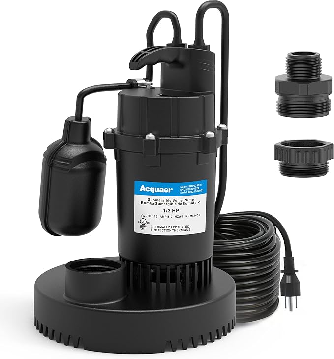 Acquaer 1/3 HP Sump Pump, 3040 GPH Submersible Clean/Dirty Water Pump with Automatic Float Switch and 10ft Power Cord Sub Pump for Basement, Pool, Pond, Drain, Flooded Cellar, Aquarium and Irrigation