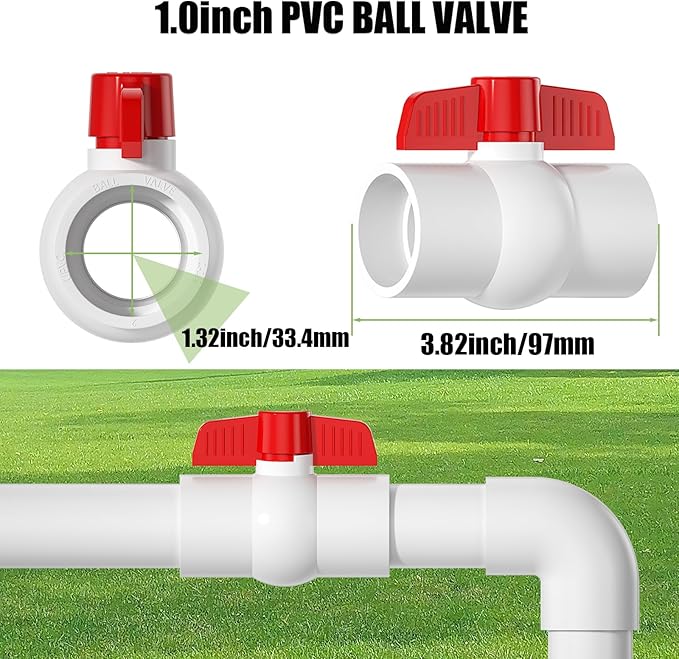 10PCS 1" PVC Ball Valve, SCH40 Slip PVC Water Pipe Valve with Easy Turn Red T-Handle, Shut-Off Ball Valve Socket for Swimming Pool, Sprinkler Lines, Outdoor Plumbing & Irrigation System
