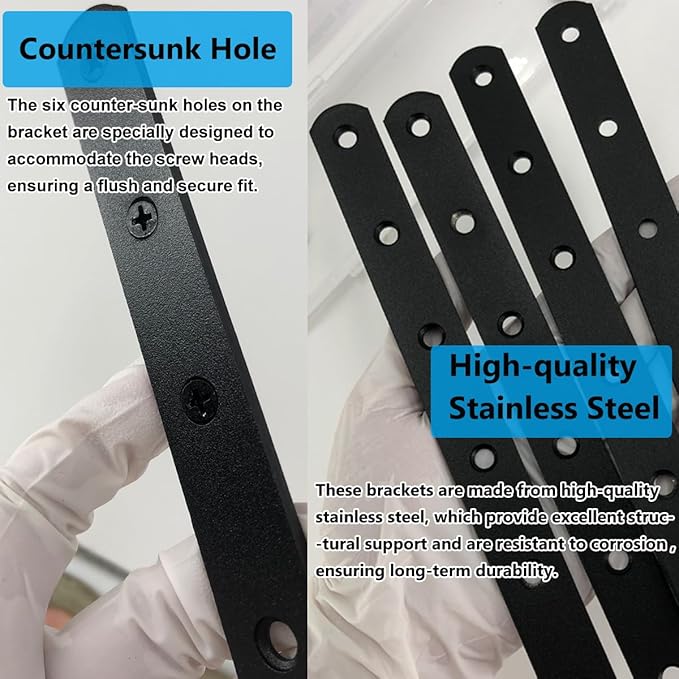 QSJ 4 Pcs Black Straight Bracket Brace Stainless Steel Brackets 195mm / 7.67" Brace for Wood with Screws and Screwdriver