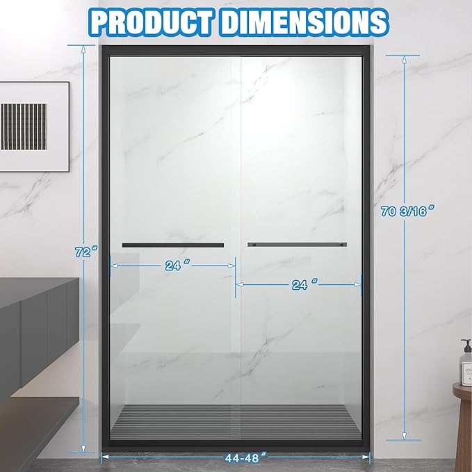 KEIKI Double Sliding Shower Door 44"-48" W x 72" H, 5/16 inch Tempered Glass Door for Walk-in Shower,Bypasss Bathroom Shower Enclosure, with Towel Bar & Mute Sliding Rollers,Matte Black Finished