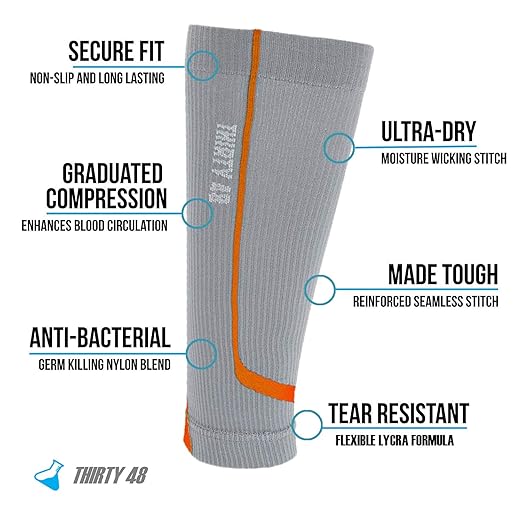 Thirty48 Graduated Calf Compression Sleeves 15-20 OR 20-30 mmHg | Maximize Fast Recovery by Increasing Oxygen to Muscles