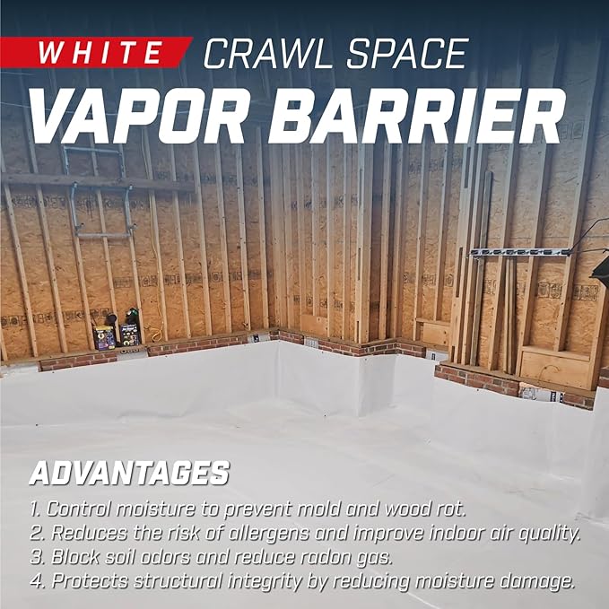 Crawl Space Vapor Barrier, 12 Mil 10' x 100', White Vapor Barrier, Thick Plastic Sheeting, Heavy Duty Polyethylene Film, Drop Cloth Covering for Crawlspace, Basement